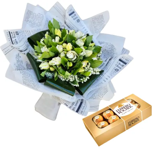 Ramo de flores 50 jazmines white con papel coreano y bombones ro